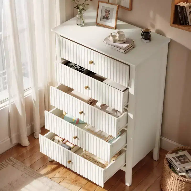 Commode haute 3 ou 5 tiroirs cannelés avec glissières silencieuses pour chambre, salon, couloir, entrée