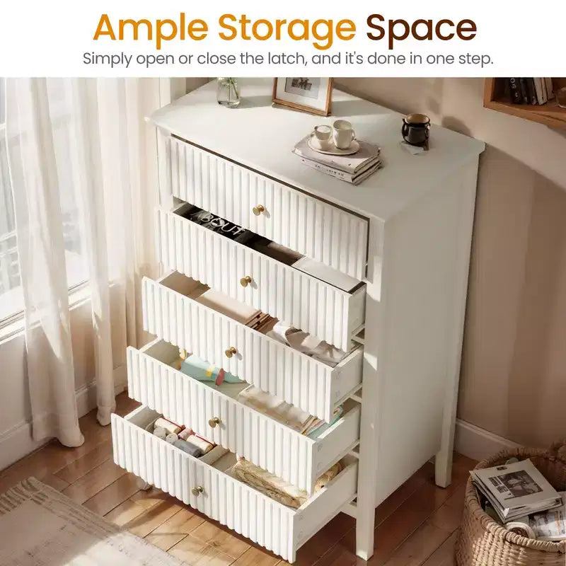 Commode haute 3 ou 5 tiroirs cannelés avec glissières silencieuses pour chambre, salon, couloir, entrée