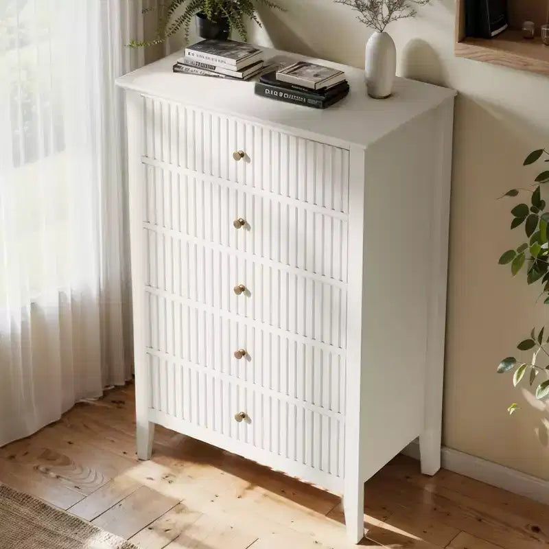 Commode haute 3 ou 5 tiroirs cannelés avec glissières silencieuses pour chambre, salon, couloir, entrée