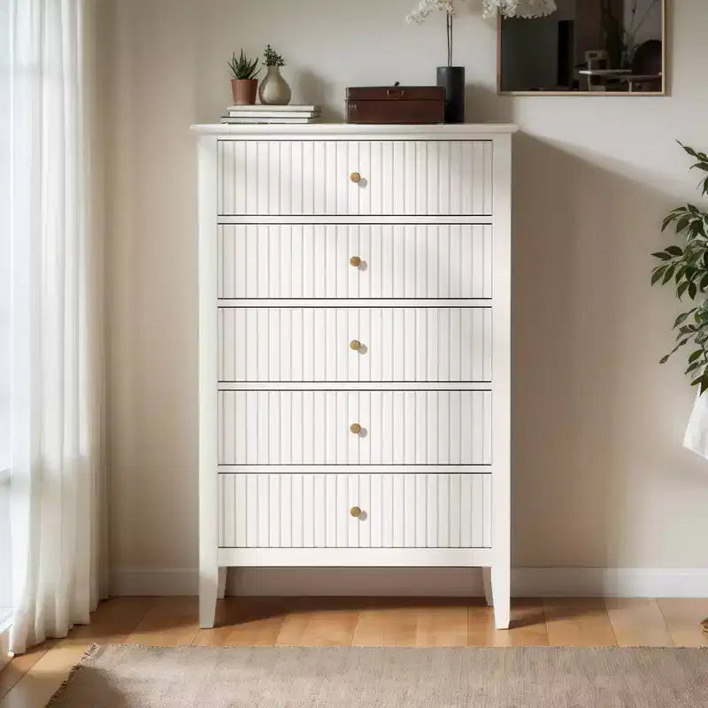 Commode haute 3 ou 5 tiroirs cannelés avec glissières silencieuses pour chambre, salon, couloir, entrée