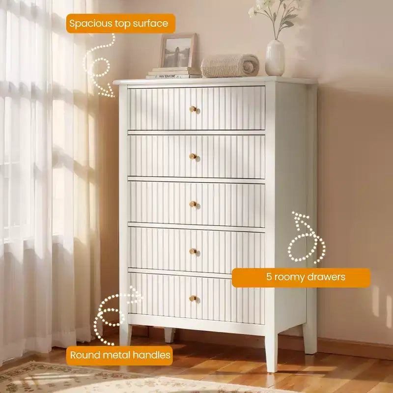 Commode haute 3 ou 5 tiroirs cannelés avec glissières silencieuses pour chambre, salon, couloir, entrée