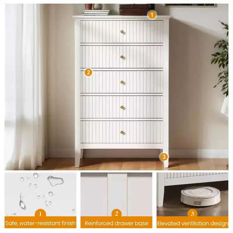 Commode haute 3 ou 5 tiroirs cannelés avec glissières silencieuses pour chambre, salon, couloir, entrée