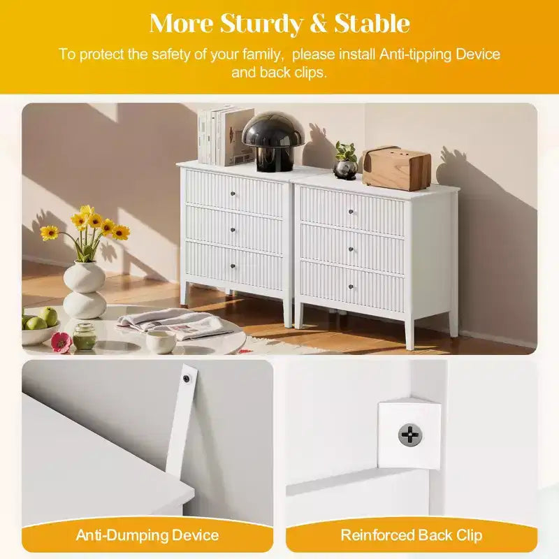 Commode Heynemo cannelée à 3 ou 5 tiroirs haute rayée avec glissières silencieuses pour Chambre, Salon, Couloir, Entrée