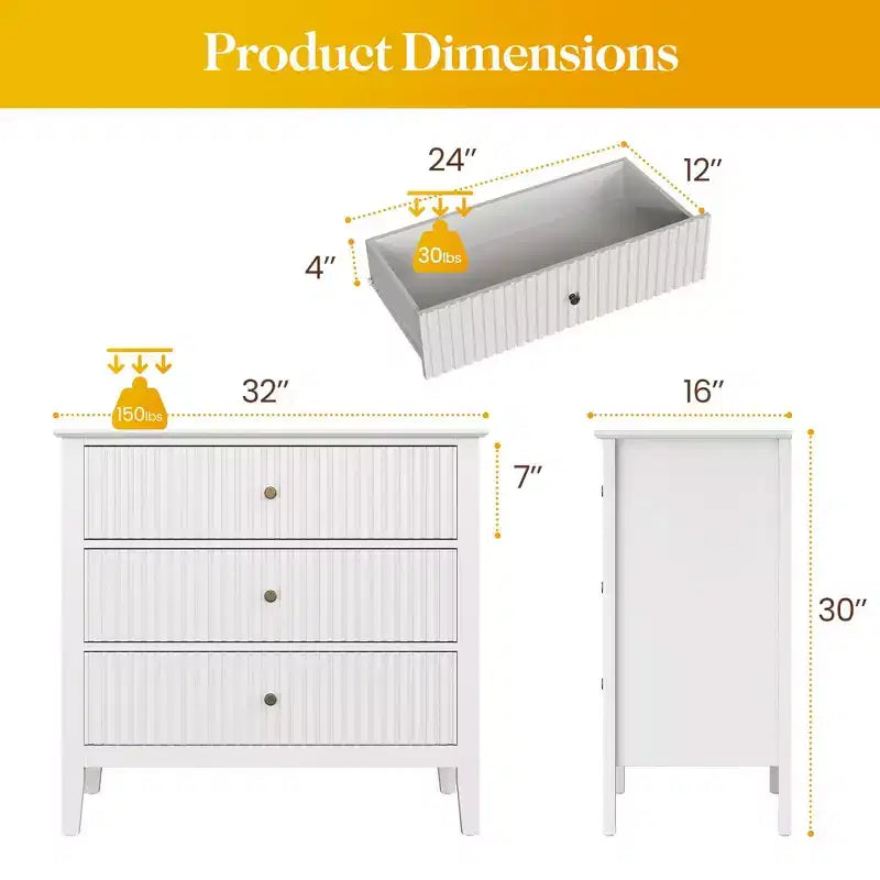 Commode haute 3 ou 5 tiroirs cannelés avec glissières silencieuses pour chambre, salon, couloir, entrée
