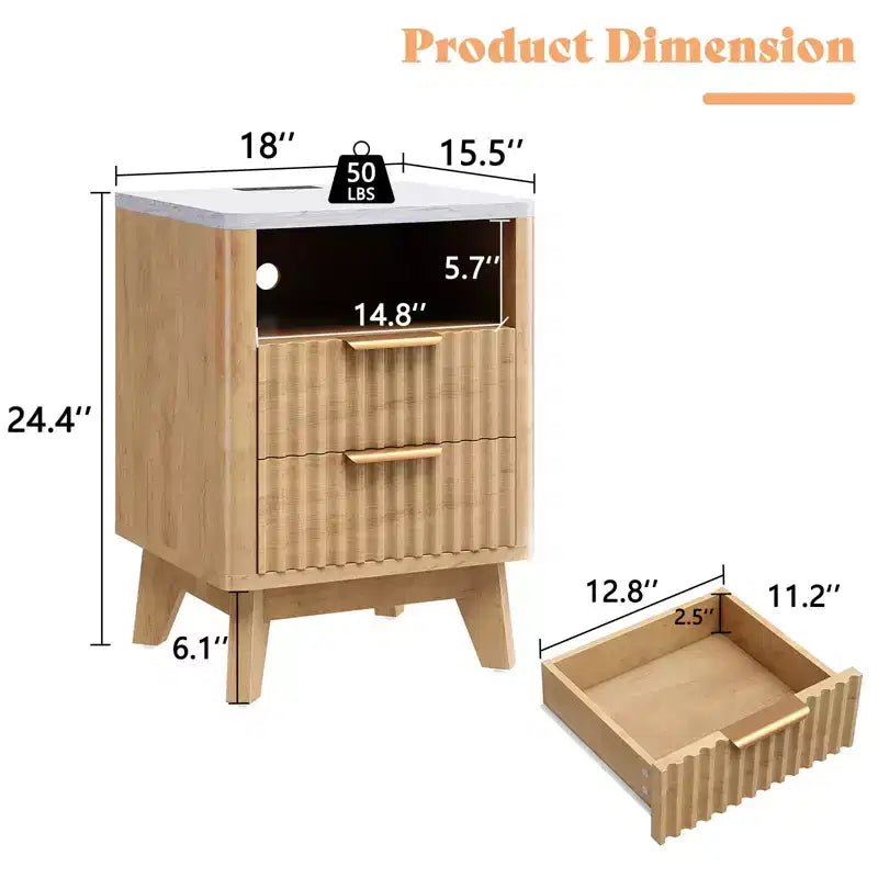 AMERLIFE Table de Chevet avec Station de Recharge et Plateau en Faux Marbre