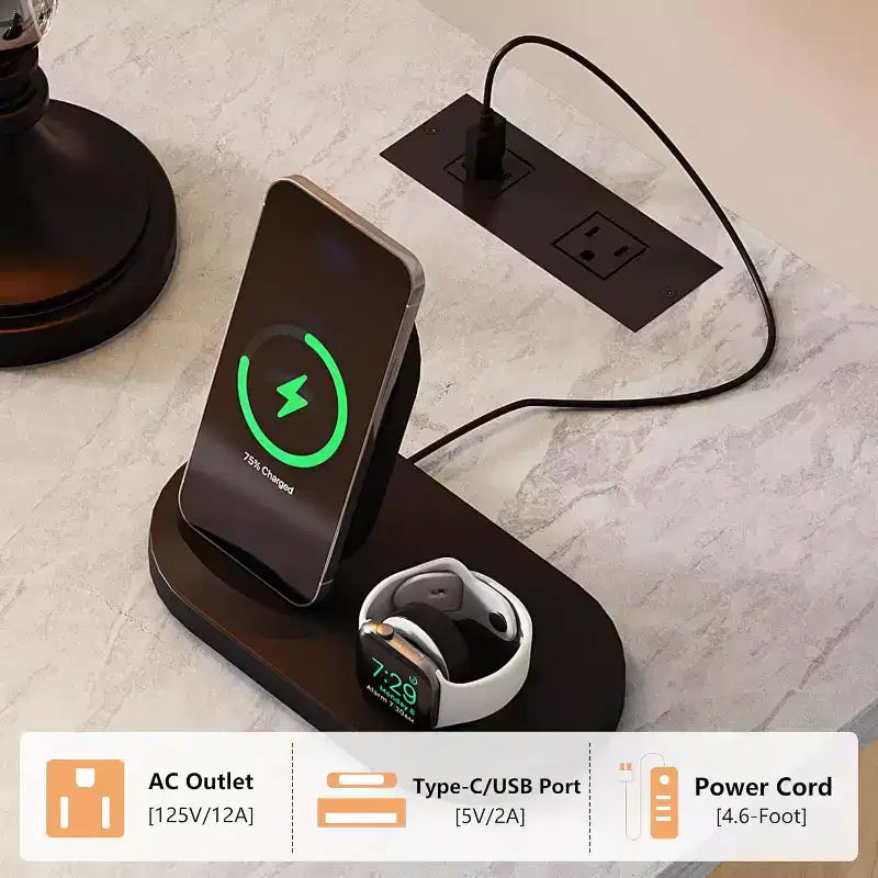 AMERLIFE Table de Chevet avec Station de Recharge et Plateau en Faux Marbre