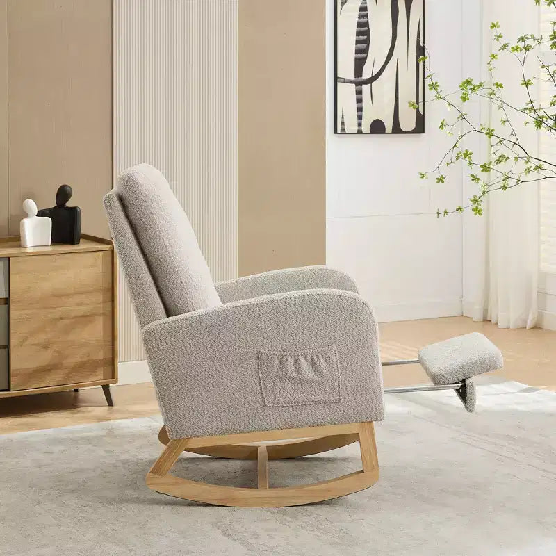 Fauteuil à bascule Okak avec dossier haut, planeur et poche latérale, repose-pieds rétractable, fauteuil pour chambre à coucher ou chambre d'enfant
