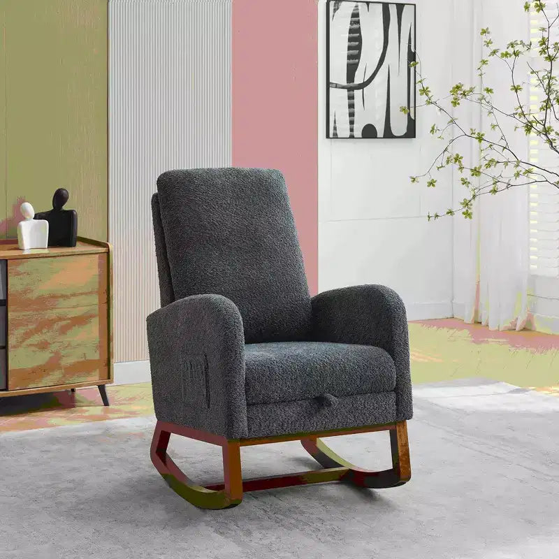 Fauteuil à bascule Okak avec dossier haut, planeur et poche latérale, repose-pieds rétractable, fauteuil pour chambre à coucher ou chambre d'enfant