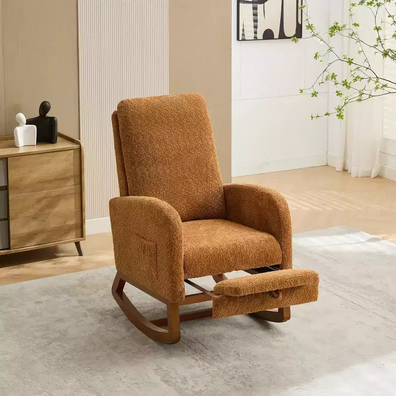 Fauteuil à bascule Okak avec dossier haut, planeur et poche latérale, repose-pieds rétractable, fauteuil pour chambre à coucher ou chambre d'enfant