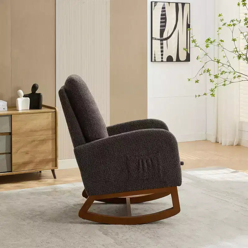 Fauteuil à bascule Okak avec dossier haut, planeur et poche latérale, repose-pieds rétractable, fauteuil pour chambre à coucher ou chambre d'enfant