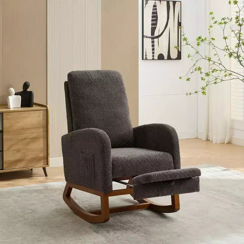 Fauteuil à bascule Okak avec dossier haut, planeur et poche latérale, repose-pieds rétractable, fauteuil pour chambre à coucher ou chambre d'enfant