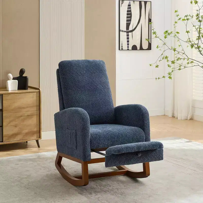 Fauteuil à bascule Okak avec dossier haut, planeur et poche latérale, repose-pieds rétractable, fauteuil pour chambre à coucher ou chambre d'enfant