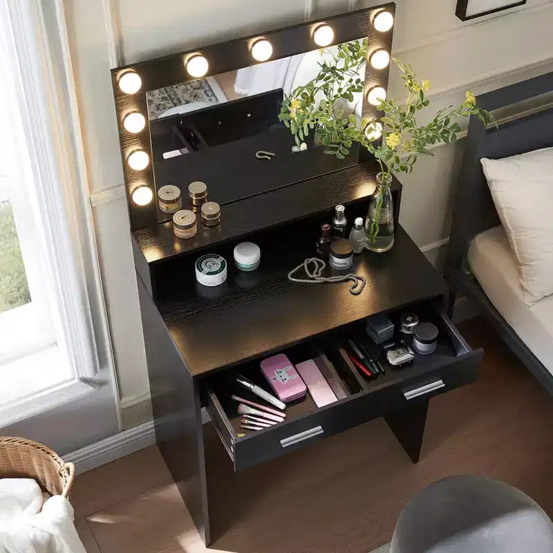 Coiffeuse 2 Niveaux avec Lumière Tactile, 3 Niveaux de Luminosité, Grand Tiroir et Table de Maquillage Compacte pour Petites Chambres