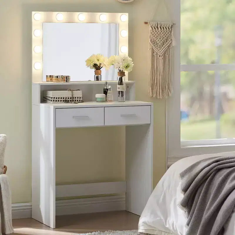 Coiffeuse 2 Niveaux avec Lumière Tactile, 3 Niveaux de Luminosité, Grand Tiroir et Table de Maquillage Compacte pour Petites Chambres