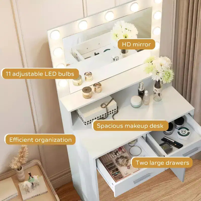 Coiffeuse 2 Niveaux avec Lumière Tactile, 3 Niveaux de Luminosité, Grand Tiroir et Table de Maquillage Compacte pour Petites Chambres