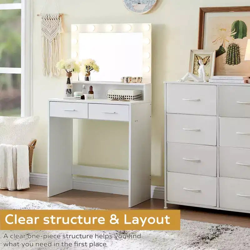 Coiffeuse 2 Niveaux avec Lumière Tactile, 3 Niveaux de Luminosité, Grand Tiroir et Table de Maquillage Compacte pour Petites Chambres