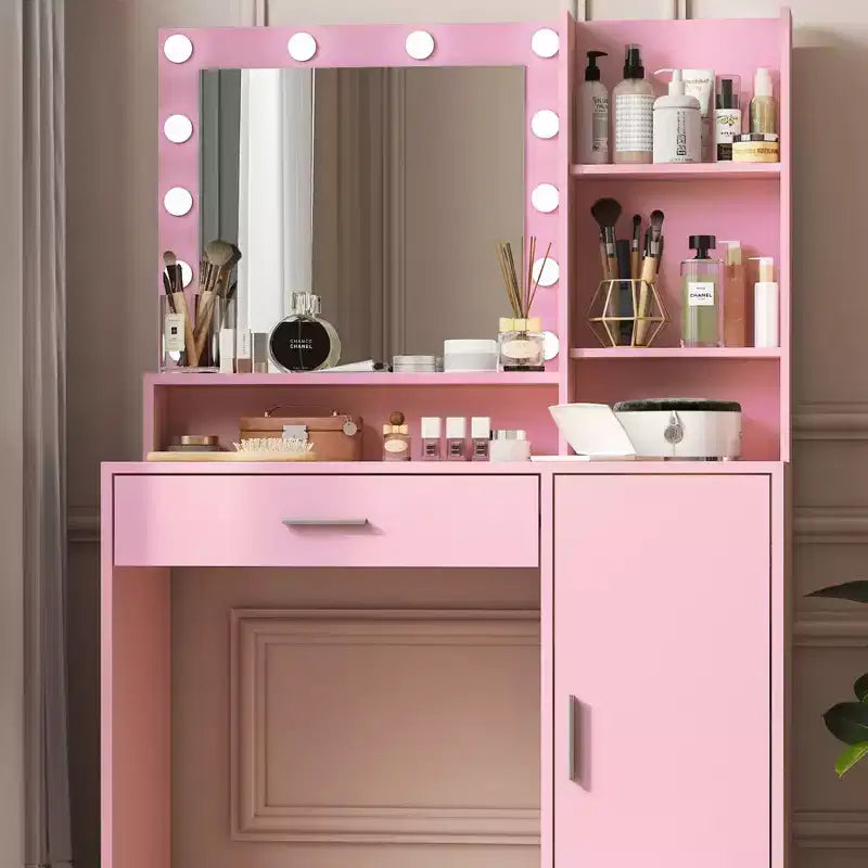 Coiffeuse Okak à 2 niveaux avec éclairage tactile, 3 niveaux de luminosité, grand tiroir et petite table de maquillage pour petites chambres