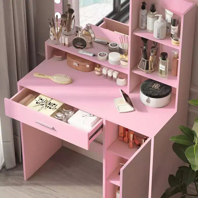 Coiffeuse Okak à 2 niveaux avec éclairage tactile, 3 niveaux de luminosité, grand tiroir et petite table de maquillage pour petites chambres
