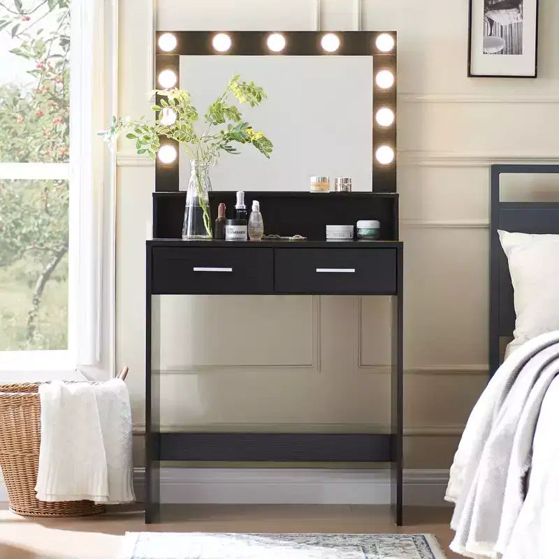 Coiffeuse Okak à 2 niveaux avec éclairage tactile, 3 niveaux de luminosité, grand tiroir et petite table de maquillage pour petites chambres