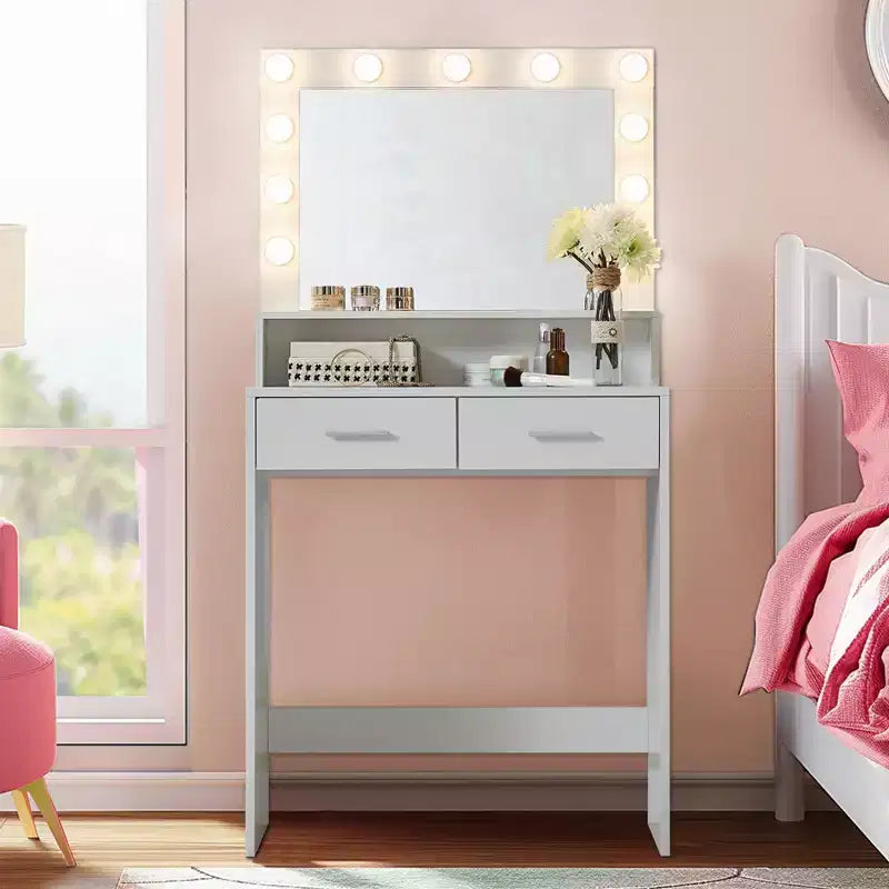 Coiffeuse Okak à 2 niveaux avec éclairage tactile, 3 niveaux de luminosité, grand tiroir et petite table de maquillage pour petites chambres
