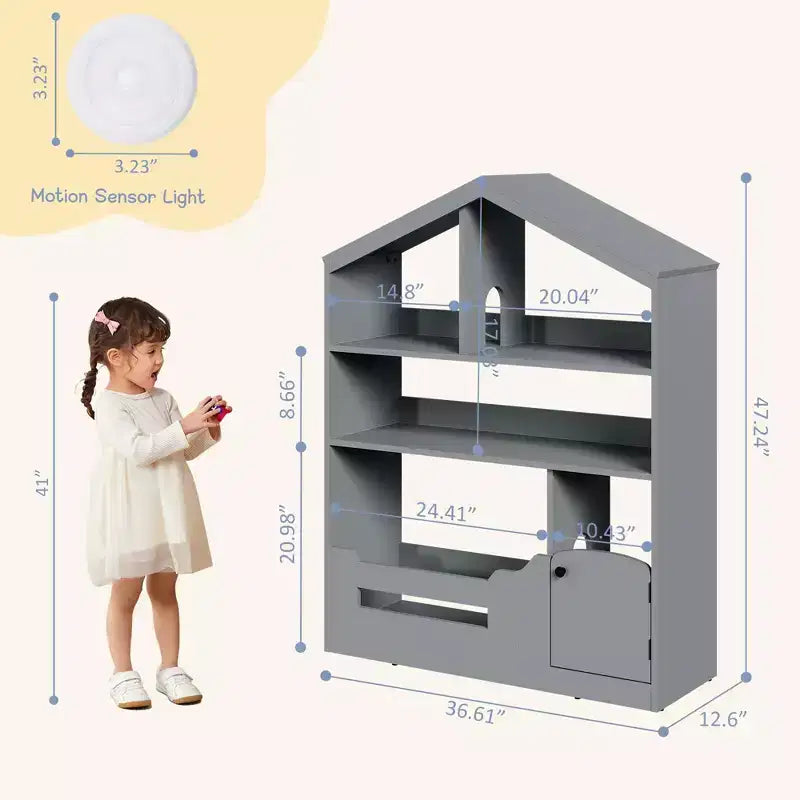 Étagère pour enfants, meuble de rangement pour jouets, bibliothèque en bois pour enfants avec détecteur de mouvement L, bibliothèque maison de poupée pour salle de jeux, chambre d'enfant, crèche, salle de classe