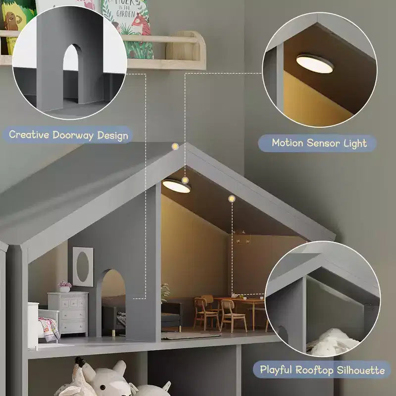 Étagère pour enfants, meuble de rangement pour jouets, bibliothèque en bois pour enfants avec détecteur de mouvement L, bibliothèque maison de poupée pour salle de jeux, chambre d'enfant, crèche, salle de classe