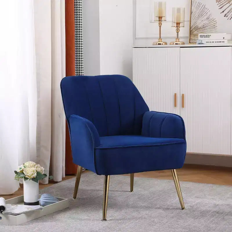 Okak Fauteuil d'appoint moderne en velours, fauteuil de salon rembourré de style mi-siècle avec pieds en bois dorés pour salle de lecture, chambre à coucher