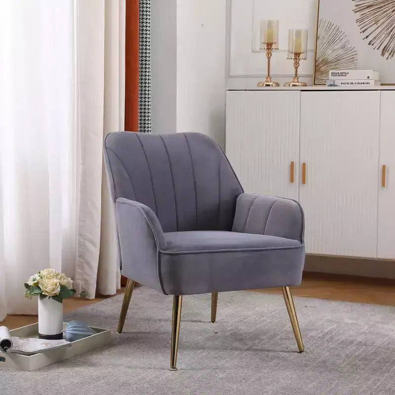Okak Fauteuil d'appoint moderne en velours, fauteuil de salon rembourré de style mi-siècle avec pieds en bois dorés pour salle de lecture, chambre à coucher