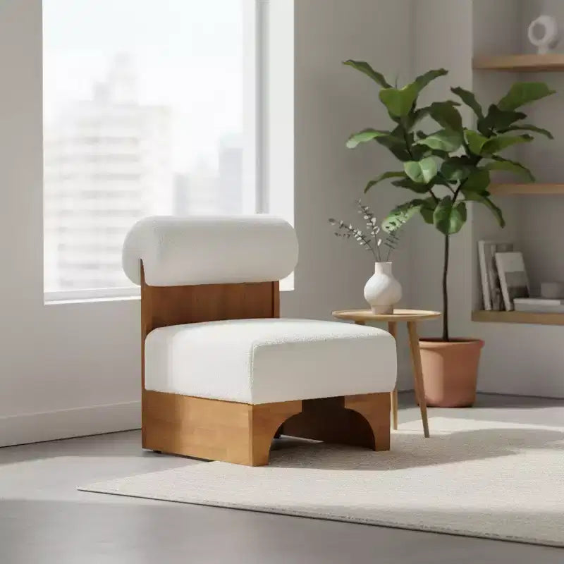 Fauteuil d'appoint avec dossier roulé et base en bois massif, revêtement en tissu bouclette