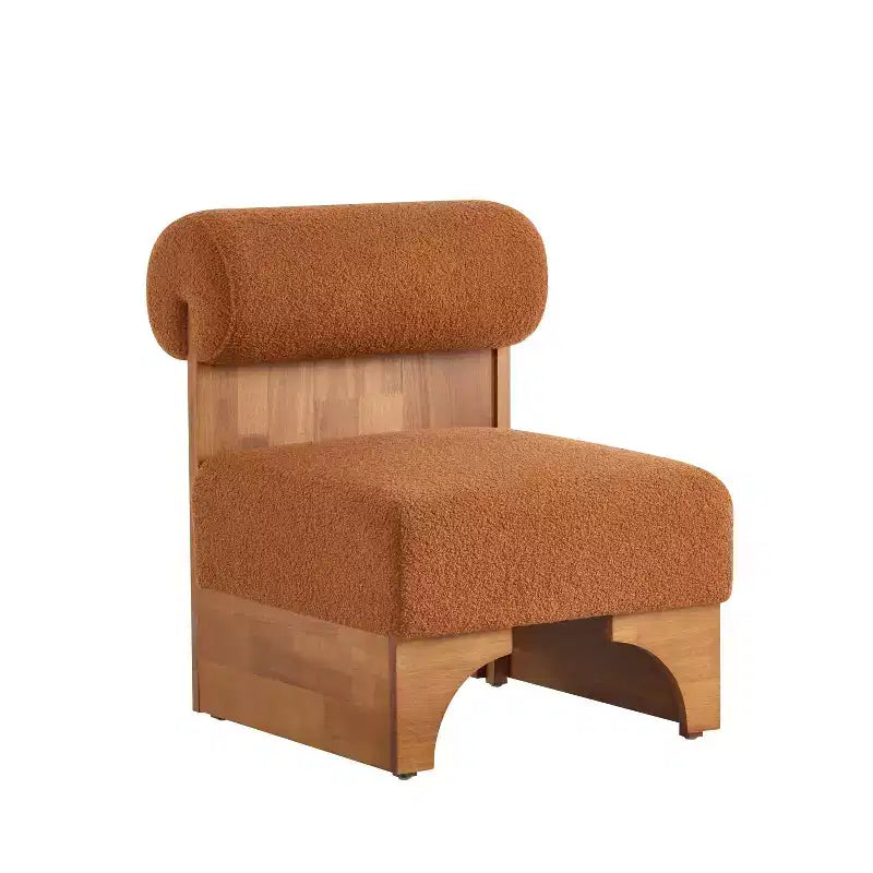 Fauteuil d'appoint avec dossier roulé et base en bois massif, revêtement en tissu bouclette