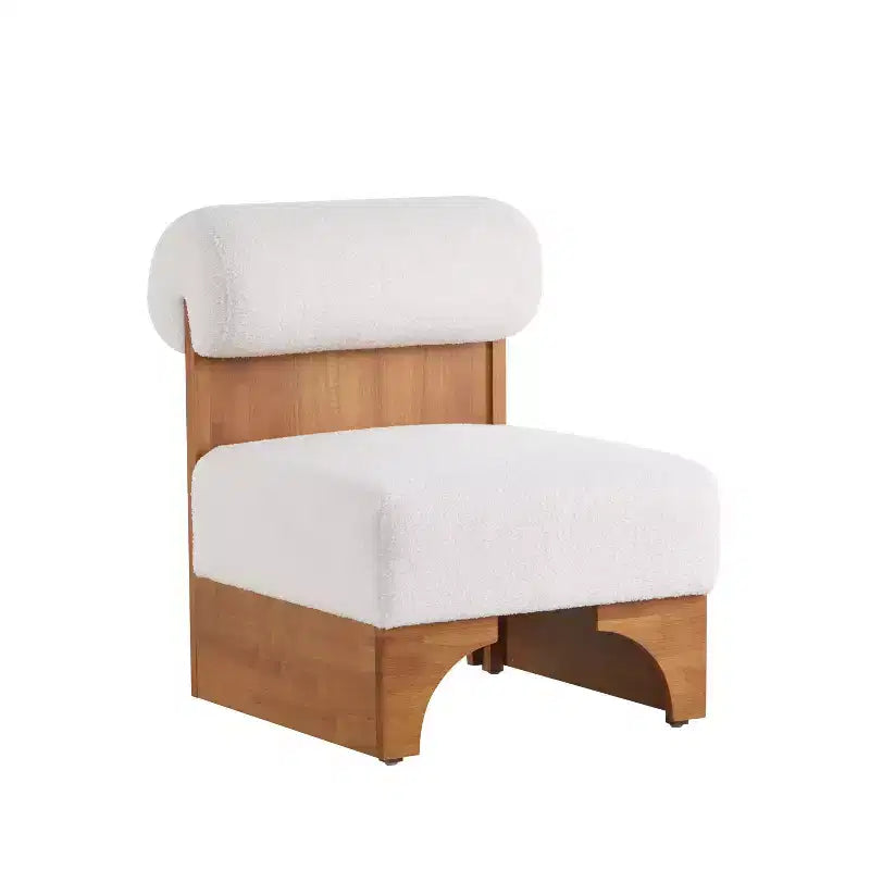 Fauteuil d'appoint avec dossier roulé et base en bois massif, revêtement en tissu bouclette