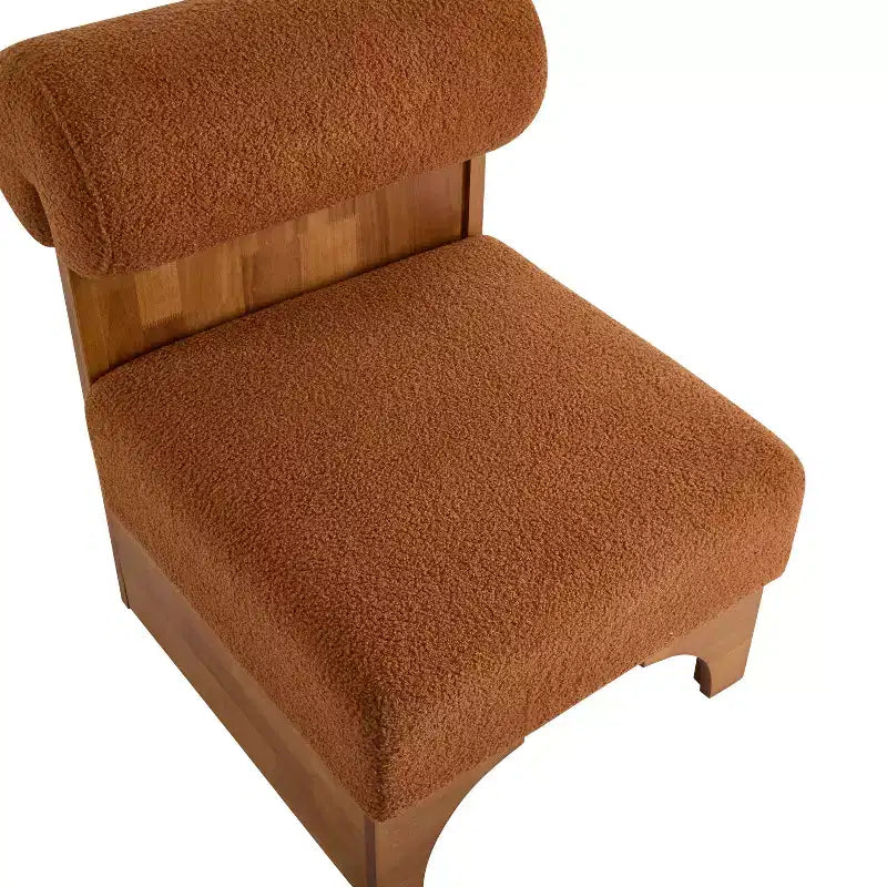 Fauteuil d'appoint avec dossier roulé et base en bois massif, revêtement en tissu bouclette