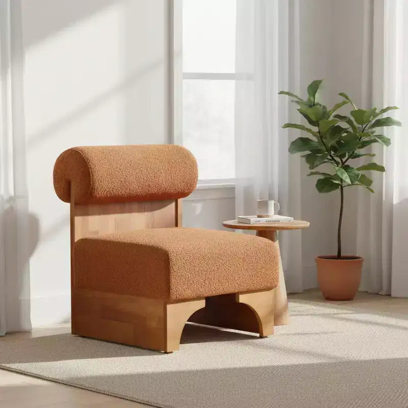 Fauteuil d'appoint avec dossier roulé et base en bois massif, revêtement en tissu bouclette