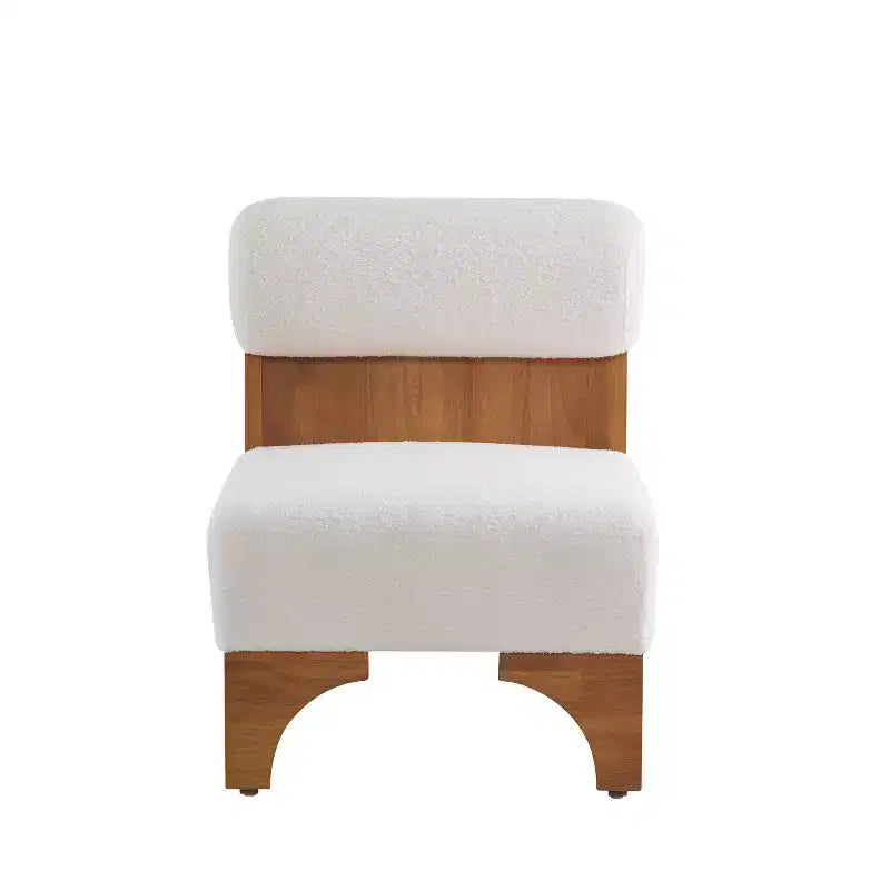 Fauteuil d'appoint Ho Casa avec dossier roulé et base en bois massif, revêtement en tissu bouclette