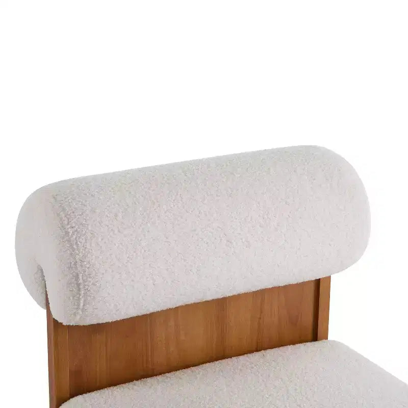 Fauteuil d'appoint avec dossier roulé et base en bois massif, revêtement en tissu bouclette