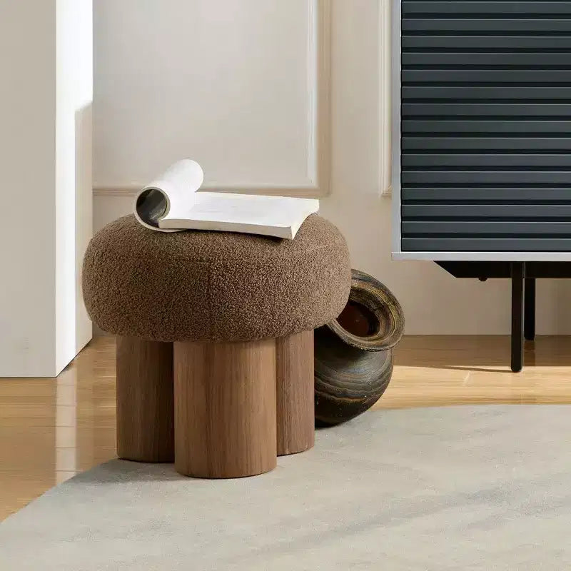 Tabouret Champignon, Pouf en Peluche avec Pieds Imitation Bois, Tabouret d'Appoint en Forme de Baril de 43 cm pour Salon, Entrée