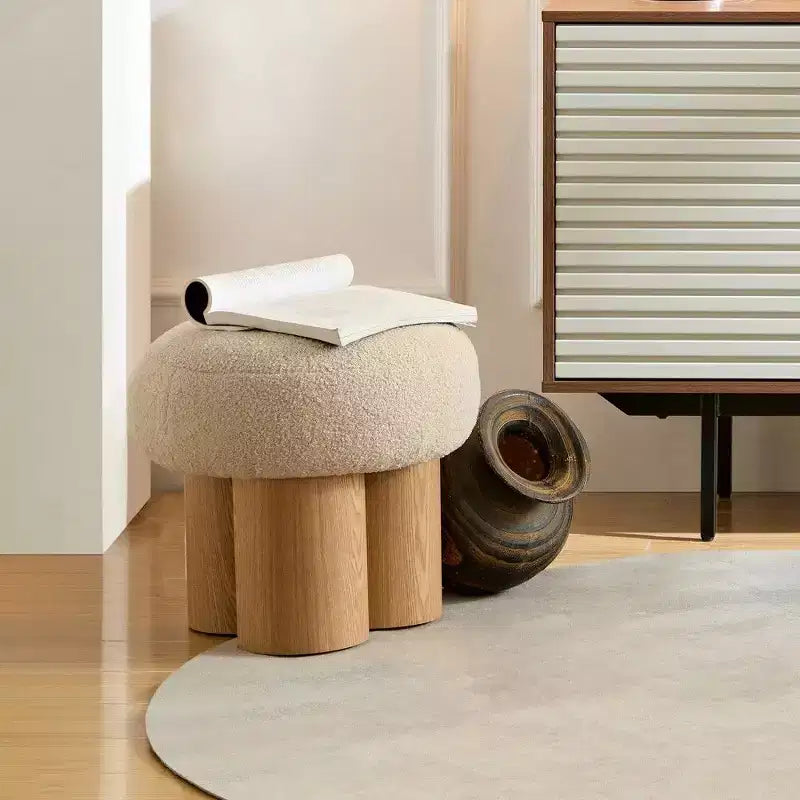 Tabouret Champignon, Pouf en Peluche avec Pieds Imitation Bois, Tabouret d'Appoint en Forme de Baril de 43 cm pour Salon, Entrée