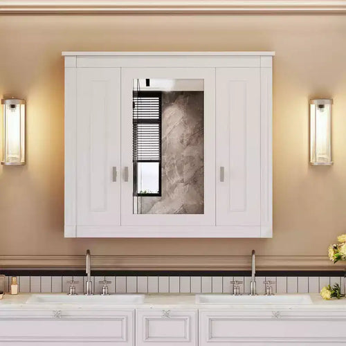 Meuble-pharmacie mural de salle de bain de 35 po avec 5 tablettes fermées et réglables, meuble de rangement mural avec portes en verre, blanc