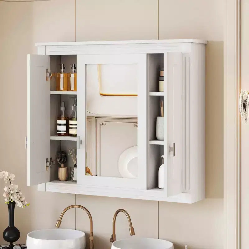 Meuble-pharmacie mural de salle de bain de 35 po avec 5 tablettes fermées et réglables, meuble de rangement mural avec portes en verre, blanc