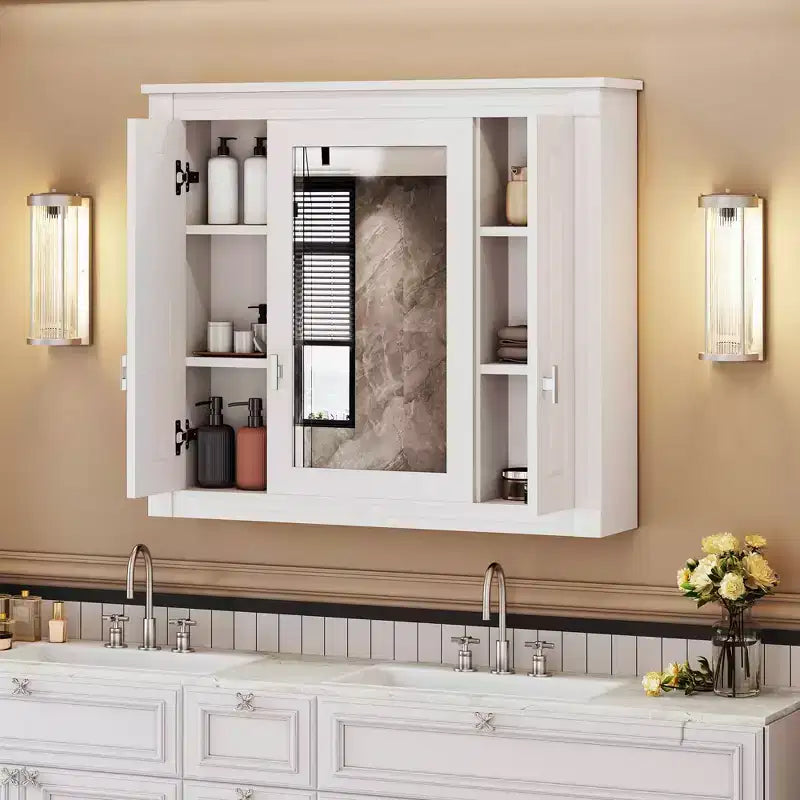 MAYEERTY 35 Armoire de toilette avec 5 étagères fermées et réglables Meuble de rangement mural de salle de bain avec portes en verre Blanc