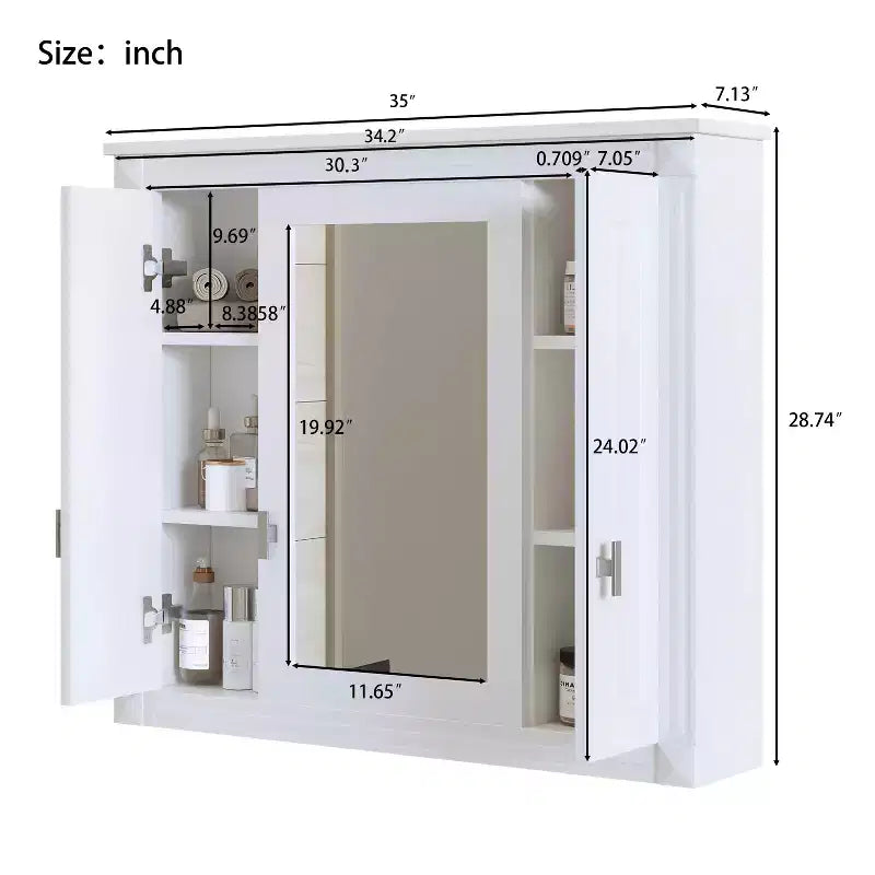 MAYEERTY 35 Armoire de toilette avec 5 étagères fermées et réglables Meuble de rangement mural de salle de bain avec portes en verre Blanc