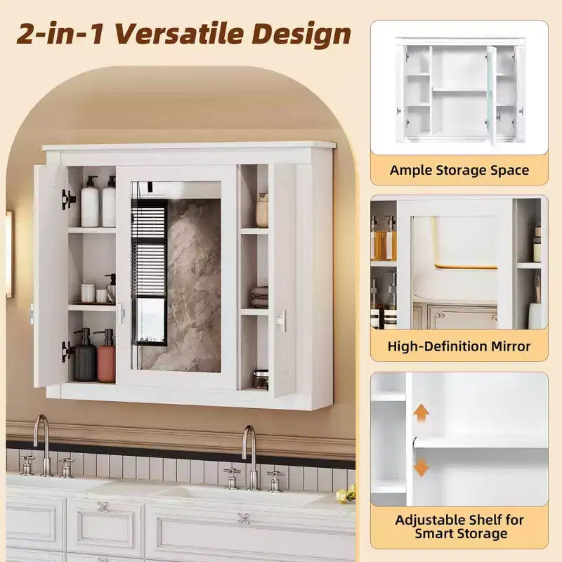 Meuble-pharmacie mural de salle de bain de 35 po avec 5 tablettes fermées et réglables, meuble de rangement mural avec portes en verre, blanc