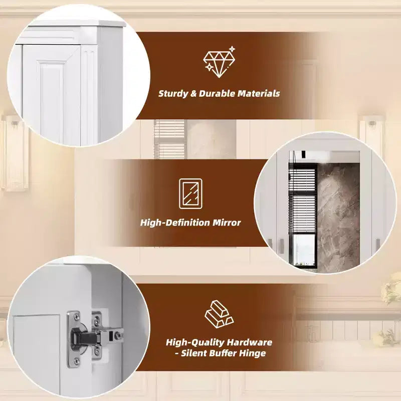 Meuble-pharmacie mural de salle de bain de 35 po avec 5 tablettes fermées et réglables, meuble de rangement mural avec portes en verre, blanc