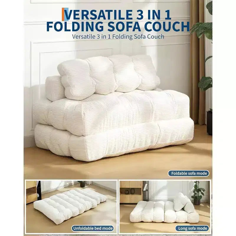 3 in 1 Folding Sofa Bed, Convertible Sleeper Chair with Pillow, Portable Fold Out Chair Bed, Comfy Floor Sofa with Back Support for Living Room,Beige