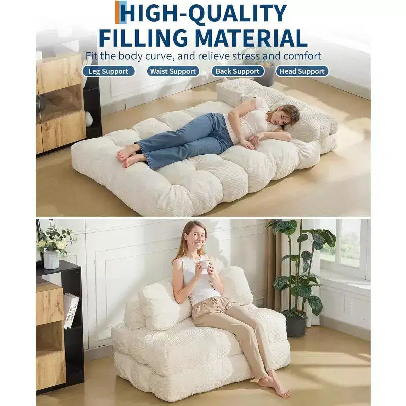 3 in 1 Folding Sofa Bed, Convertible Sleeper Chair with Pillow, Portable Fold Out Chair Bed, Comfy Floor Sofa with Back Support for Living Room,Beige