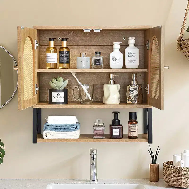 Armoire murale de salle de bain, avec 2 portes et étagère réglable, meuble de rangement mural pour toilettes, avec étagères et compartiment ouvert, marron