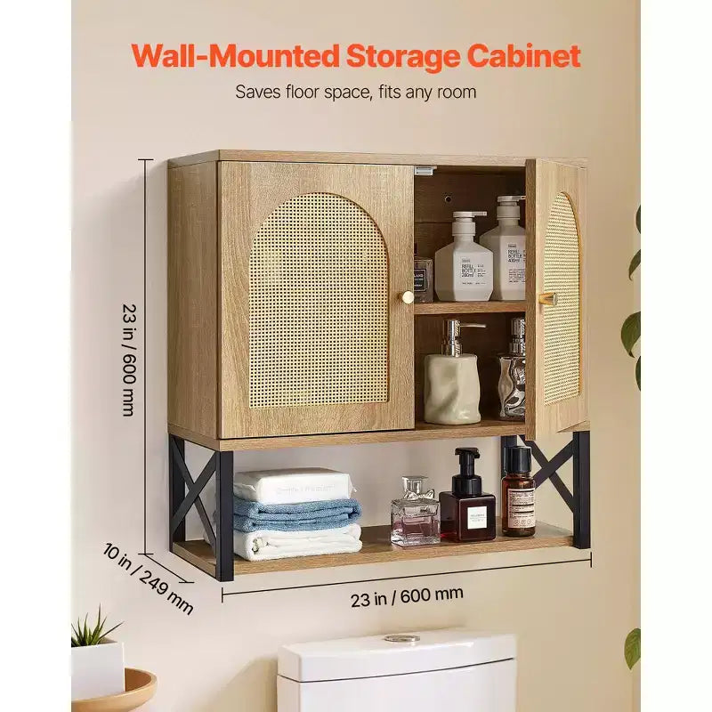 Armoire murale de salle de bain, avec 2 portes et étagère réglable, meuble de rangement mural pour toilettes, avec étagères et compartiment ouvert, marron