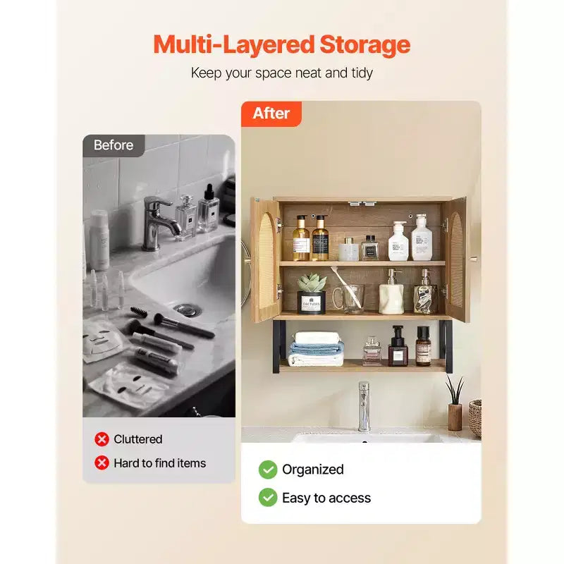 Armoire murale de salle de bain, avec 2 portes et étagère réglable, meuble de rangement mural pour toilettes, avec étagères et compartiment ouvert, marron