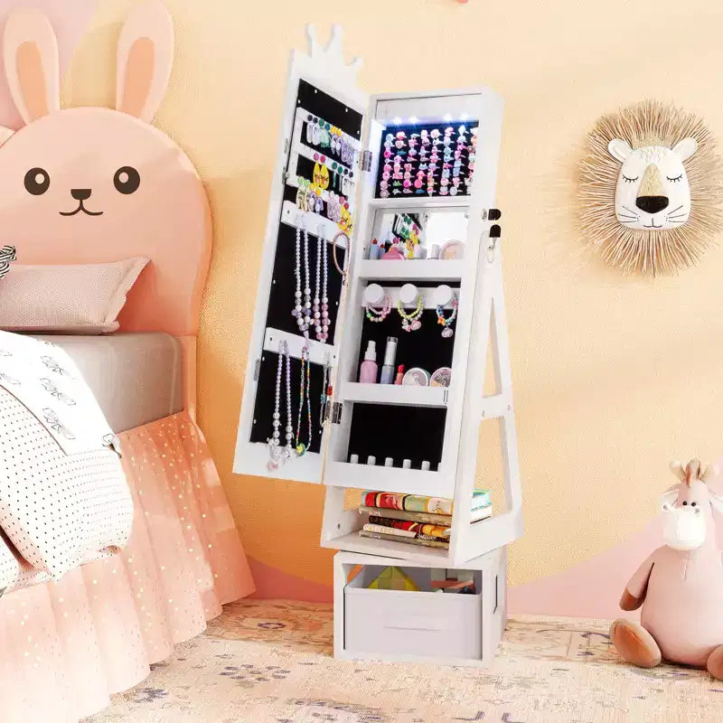 Meuble à Bijoux Enfant Pivotant avec Grand Miroir Intégral et Miroir Intérieur