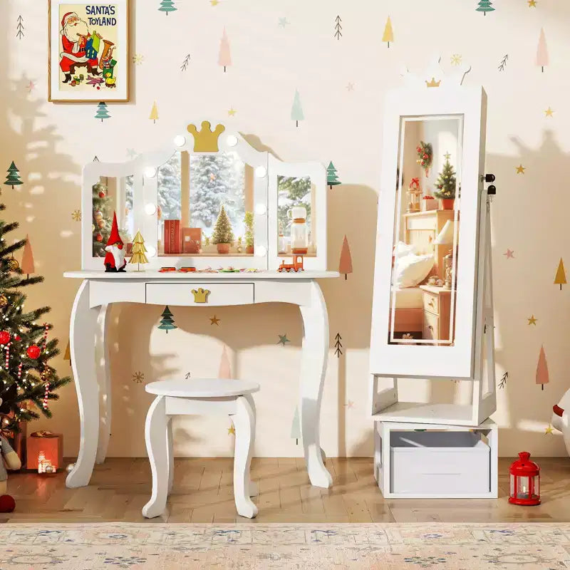 Meuble à Bijoux Enfant Pivotant avec Grand Miroir Intégral et Miroir Intérieur